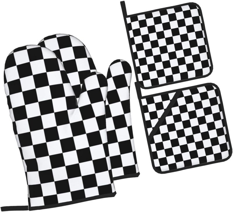 Nezweld Checkered Black and White Plaid Oven Mitts and Pot Holders Set of 4,Heat Resistant Non-Slip Potholders Oven Gloves and Pad for Kitchen Cooking Baking Grilling BBQ - Image 1